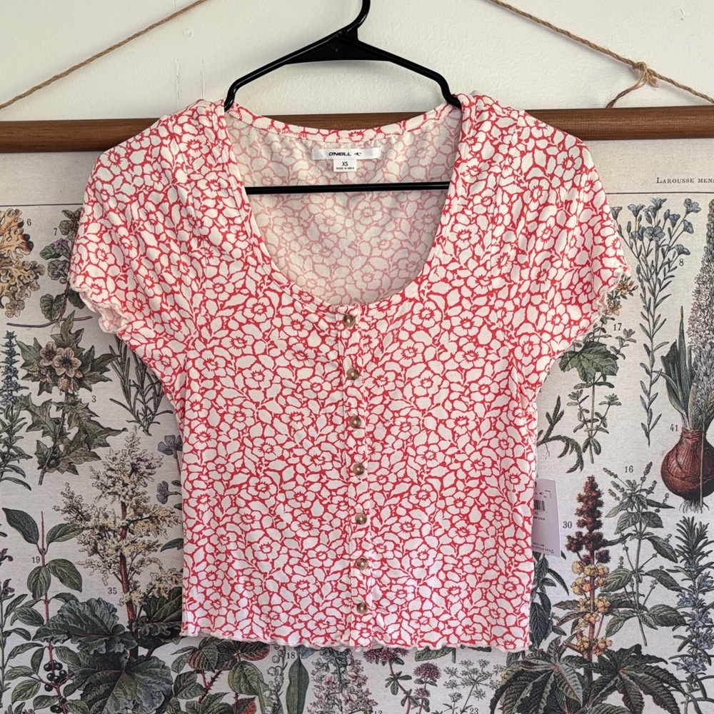 O'Neill White and Orange Floral Scoop Neck Button Crop Top XS